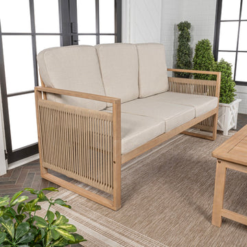 Gable 3-Seat Mid-Century Modern Roped Acacia Wood Outdoor Sofa with Cushions - JONATHAN Y